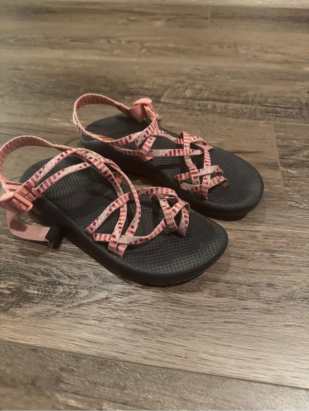 Chaco Women’s Pink Patterned Strappy Sandals with Black Footbed